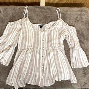 Off shoulder top by Torrid in taupe and beige stripe